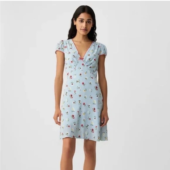 Gap X Doen Light Blue Flower Printed Short Dress with Red Piping V Neck Size 14 - Picture 1 of 5
